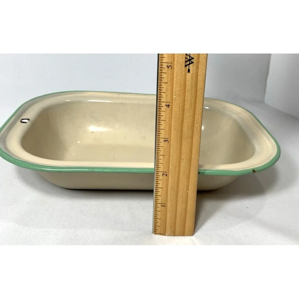 Enamelware Pan Beige Small Green Trim Farmhouse‎ Cottagecore 9.5
